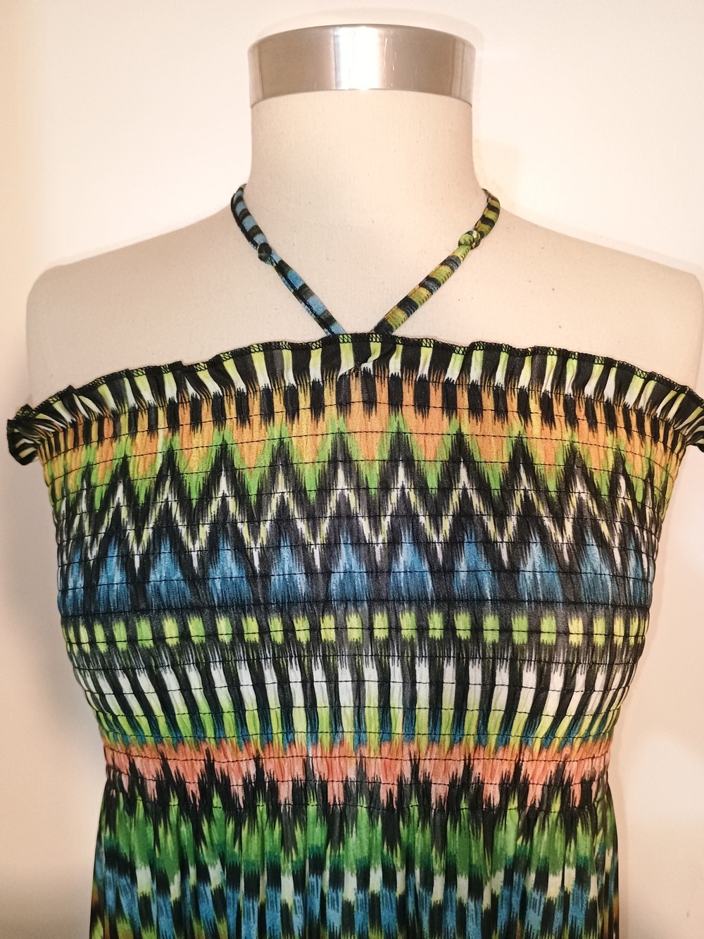 Smocked Halter Maxi Dress in Blue, Green & Orange